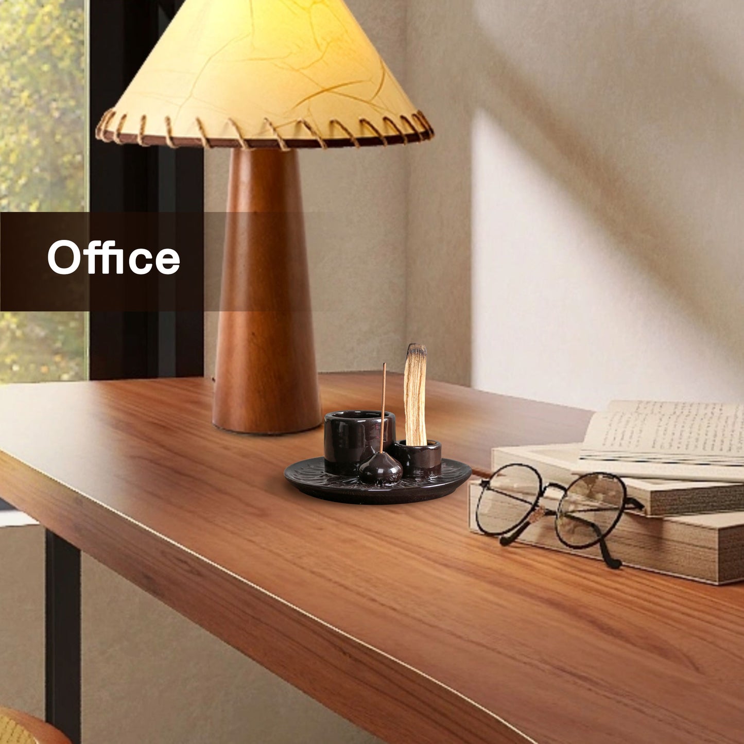 Polished Black Incense Burner adding a calming touch to an office workspace