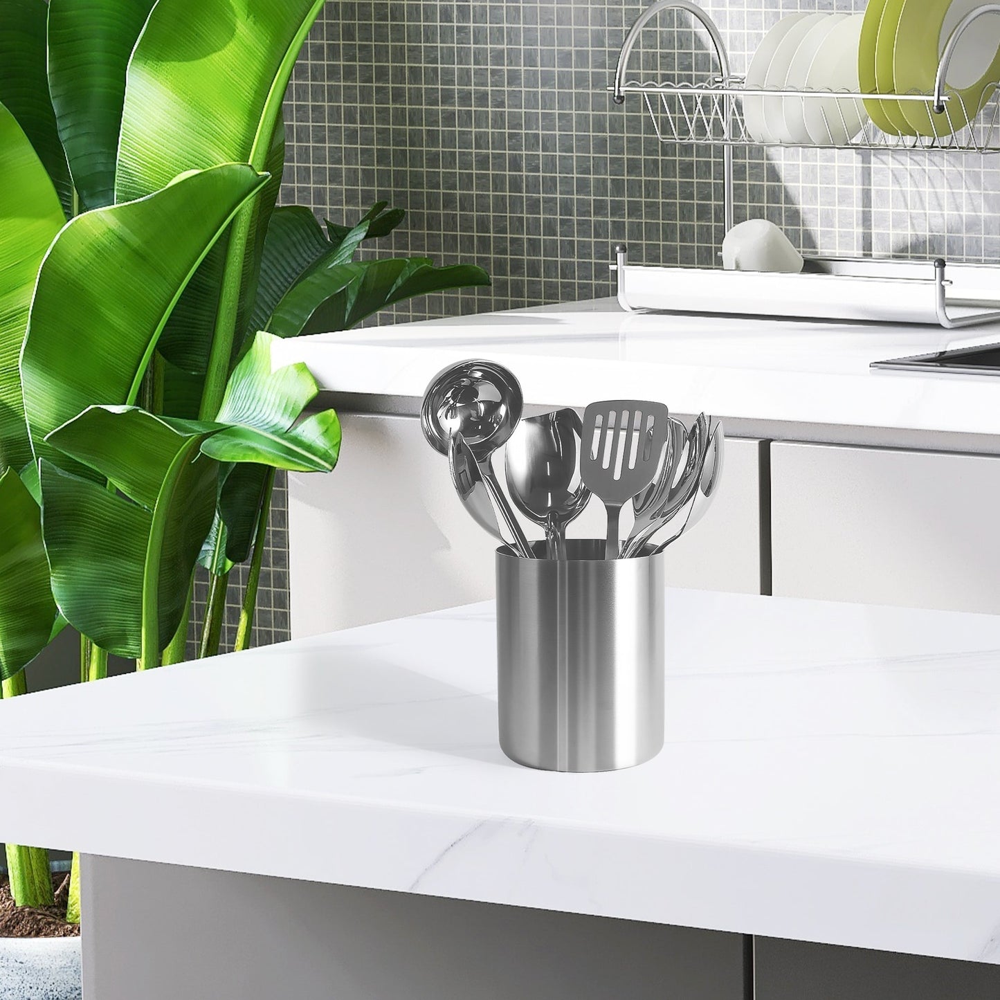 IMEEA Stainless Steel Utensil Holder placed on a kitchen countertop for organized tool storage