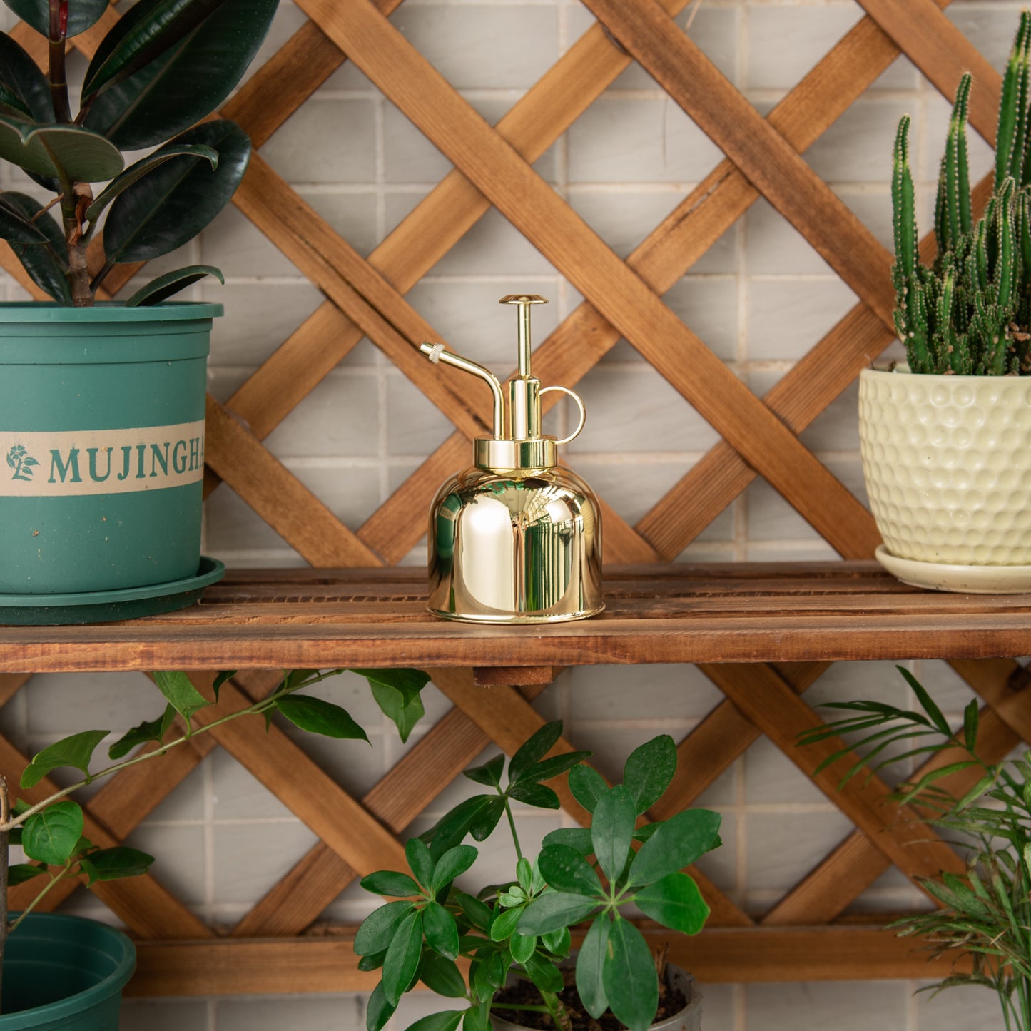 Gold stainless steel plant mister placed on a plant shelf for convenient access