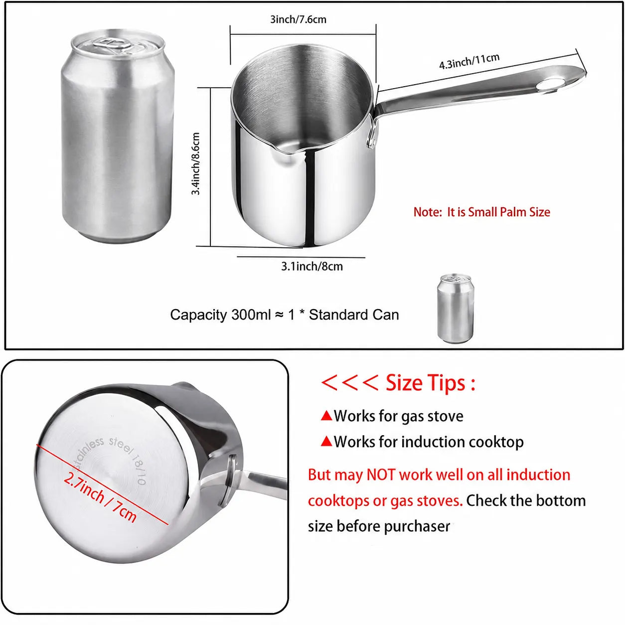 300ml Stainless Steel Butter Warmer capacity display with compact size comparison