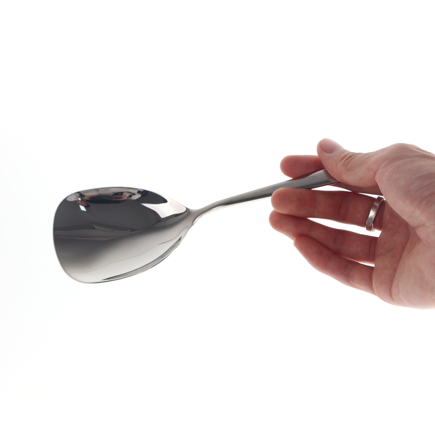 IMEEA Stainless Steel Serving Spoon held in hand showing a comfortable grip for serving food
