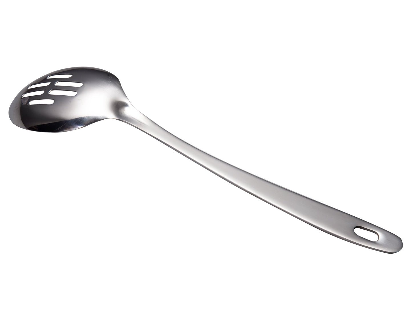 IMEEA stainless steel slotted serving spoon with perforated bowl design and 12.8-inch long handle for draining and serving