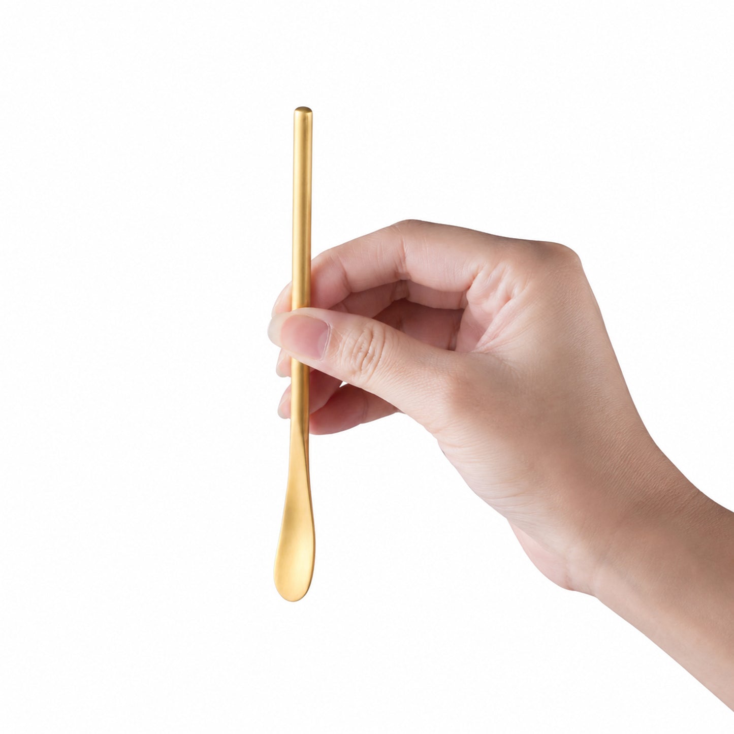 IMEEA 5.9 inch Gold Stainless Steel Stir Spoons with slim design shown in hand
