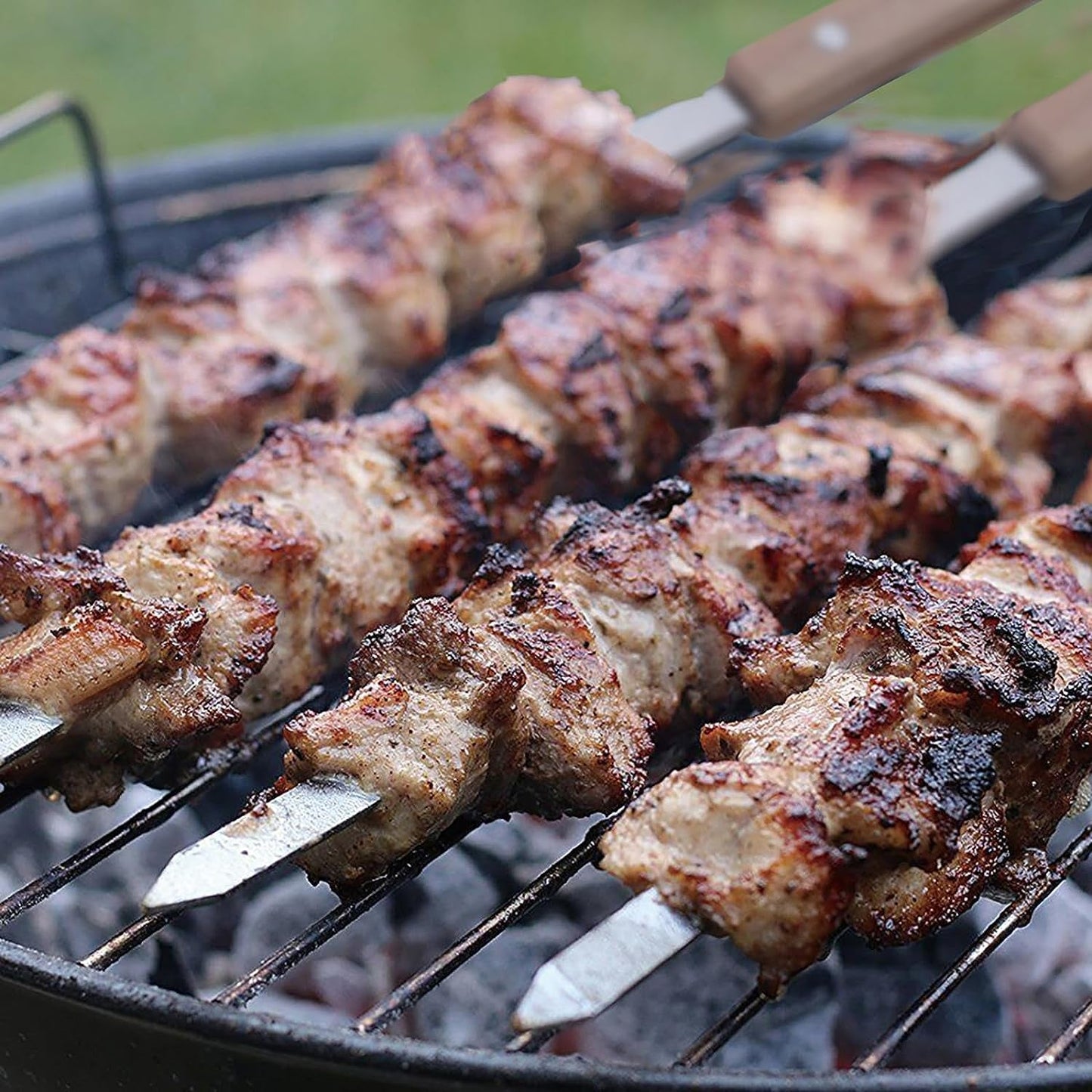 IMEEA 23.6Inch / 60CM Kabob Skewers Flat Metal BBQ Barbecue Skewer with Wooden Handle Stainless Steel Kabob Skewers for Grilling, Set of 10 with Bag - IMEEABBQ skewers
