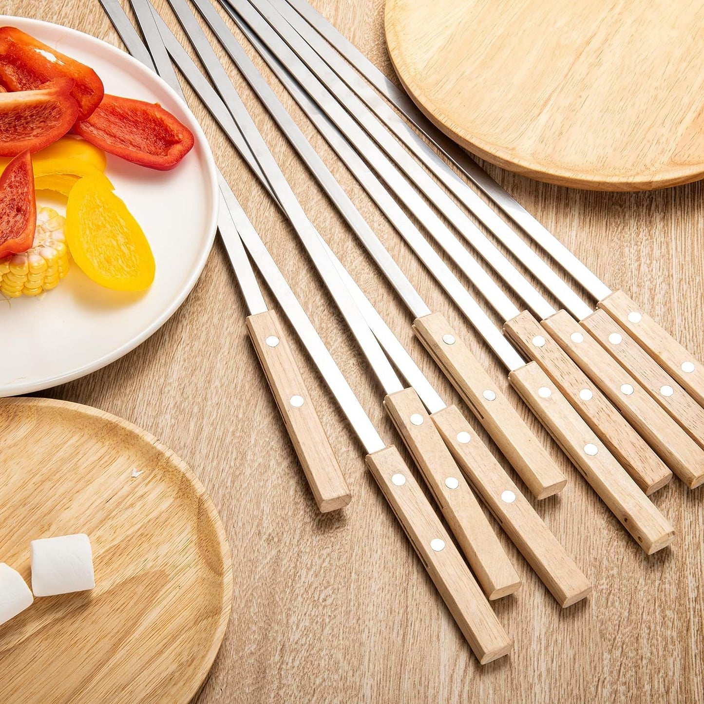 IMEEA 23.6Inch / 60CM Kabob Skewers Flat Metal BBQ Barbecue Skewer with Wooden Handle Stainless Steel Kabob Skewers for Grilling, Set of 10 with Bag - IMEEABBQ skewers