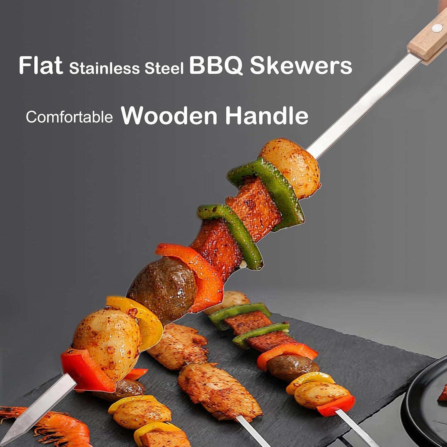 IMEEA 23.6Inch / 60CM Kabob Skewers Flat Metal BBQ Barbecue Skewer with Wooden Handle Stainless Steel Kabob Skewers for Grilling, Set of 10 with Bag - IMEEABBQ skewers