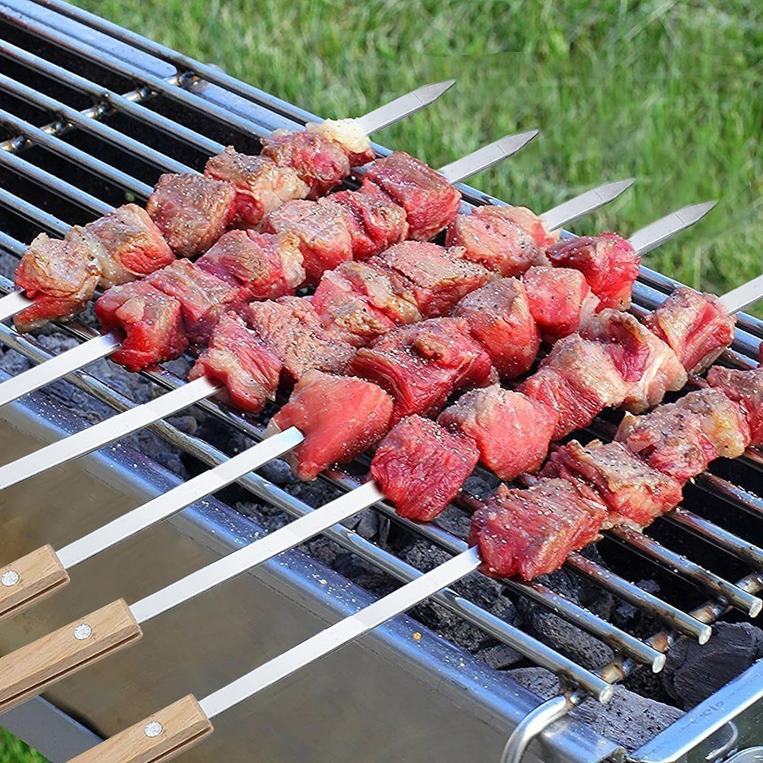 IMEEA 23.6Inch / 60CM Kabob Skewers Flat Metal BBQ Barbecue Skewer with Wooden Handle Stainless Steel Kabob Skewers for Grilling, Set of 10 with Bag - IMEEABBQ skewers