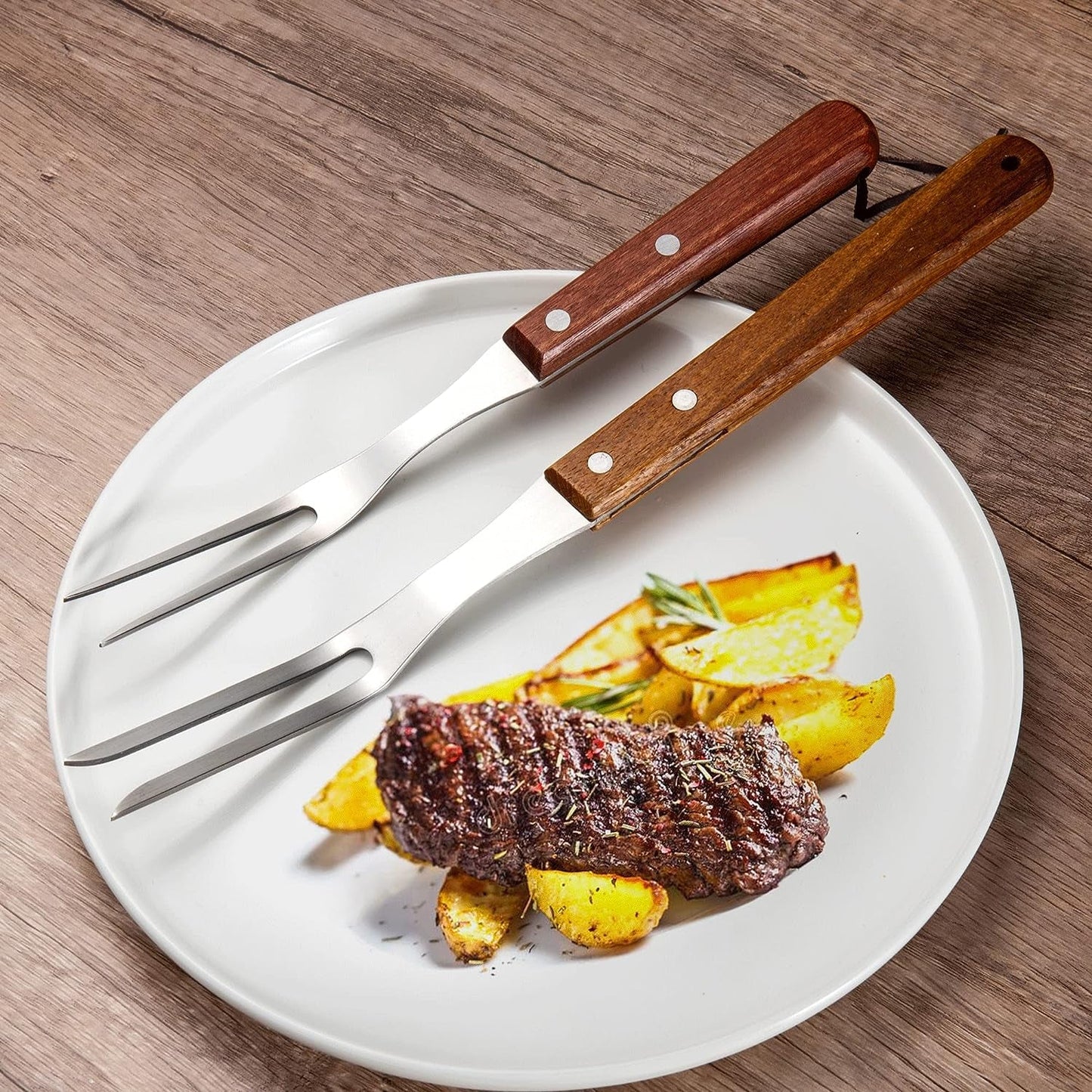 IMEEA Carving Forks Stainless Steel Meat Fork with Wooden Handle Cooking Fork BBQ Fork Grill Fork Steak Fork for Kitchen Roast (13 Inch, 10.8 Inch) - IMEEAcarving fork