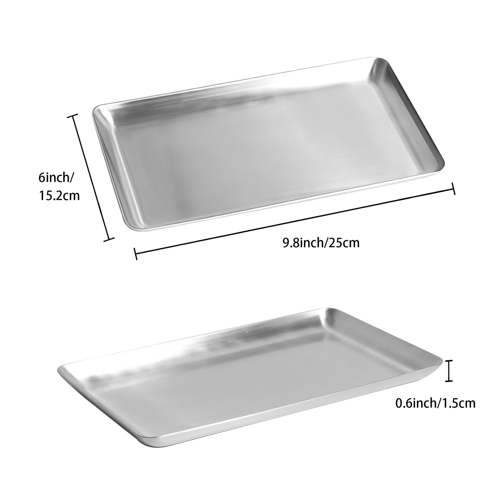 Rectangular Silver Tray – 9.8 x 6 Inch Stainless Steel Organizer Multipurpose Tray for Serving, Jewelry, and Cosmetics