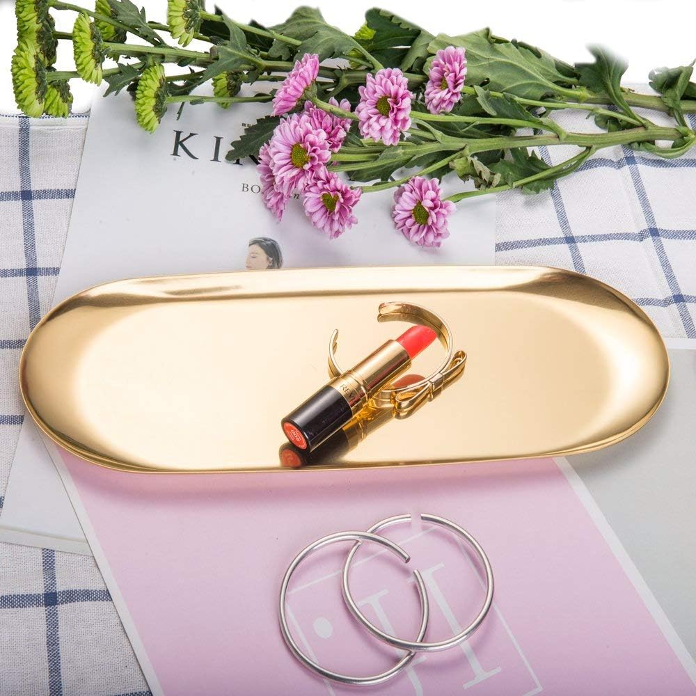 IMEEA Small Gold Vanity Tray Satinless Steel Little Jewelry Tray Bathroom Tray Storage Organizer Makeup Cosmetic Organizer Trays, 11.8 X 4.7 Inch