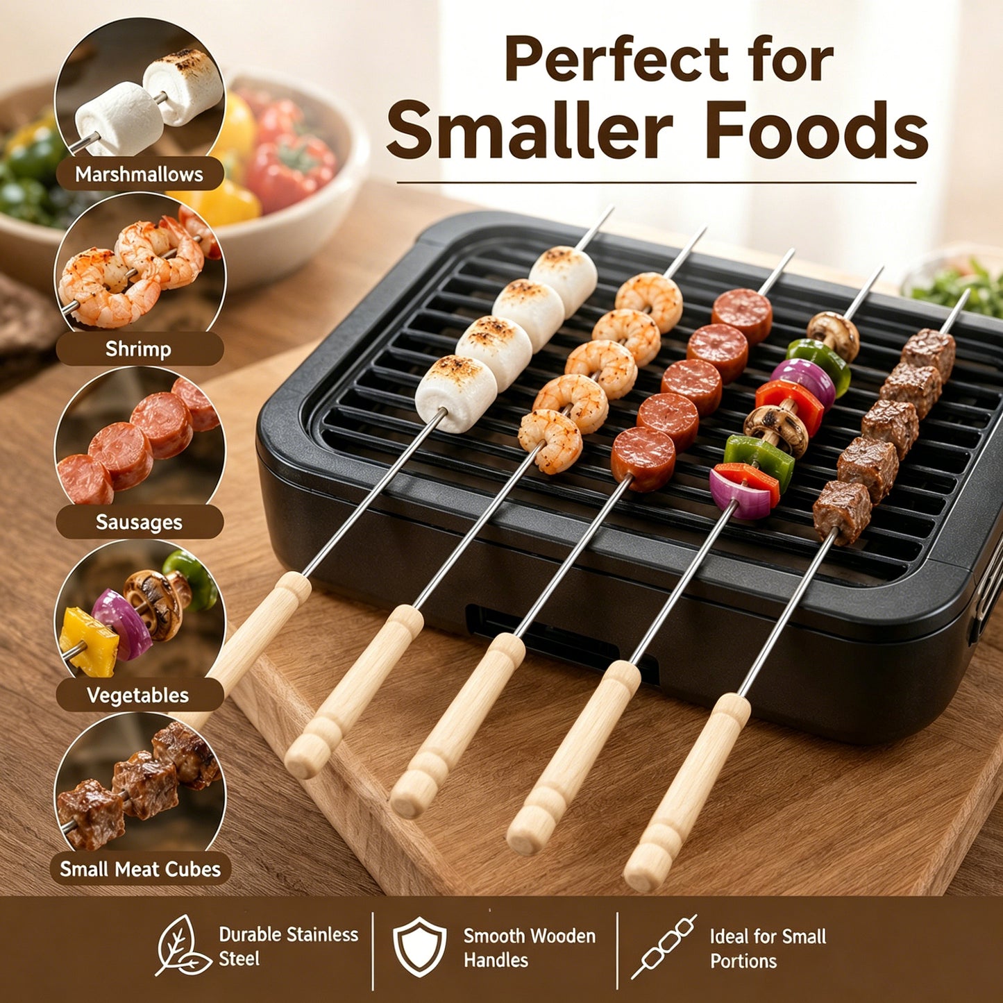 IMEEA 15-Inch BBQ Skewers with Wooden Handle, 10-Pack