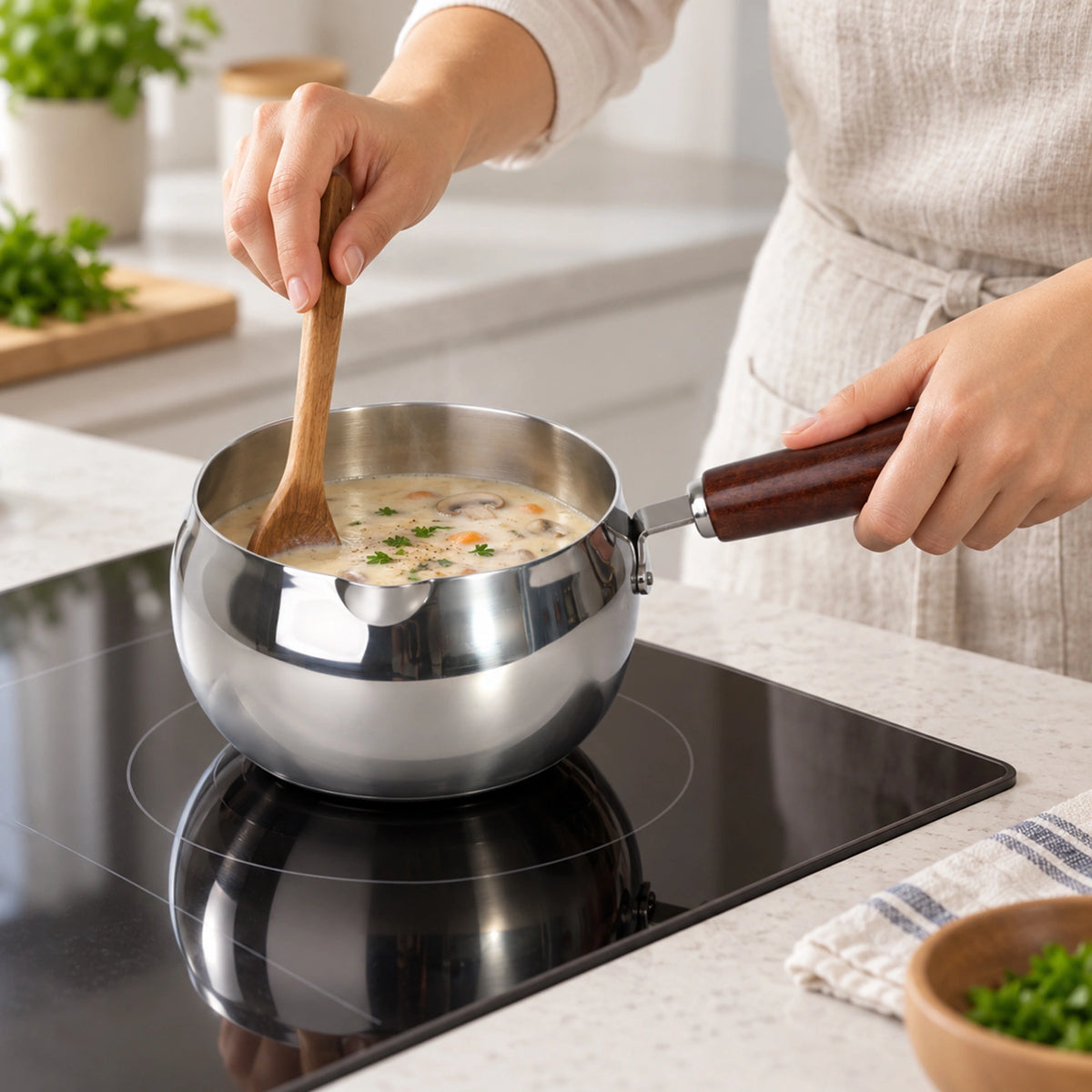 Stainless steel 40 oz saucepan heating soup on an induction cooktop in a modern kitchen