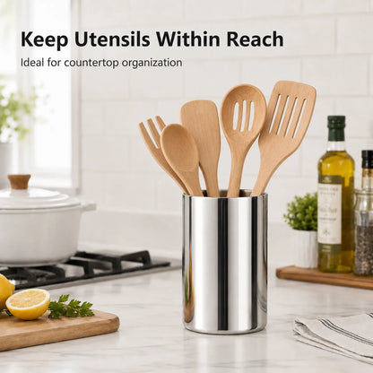 304 stainless steel utensil holder with large open top for storing cooking tools on kitchen countertop