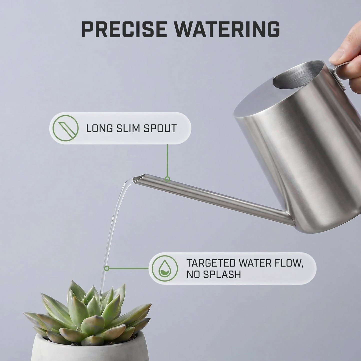 Indoor plant watering can with long precision spout