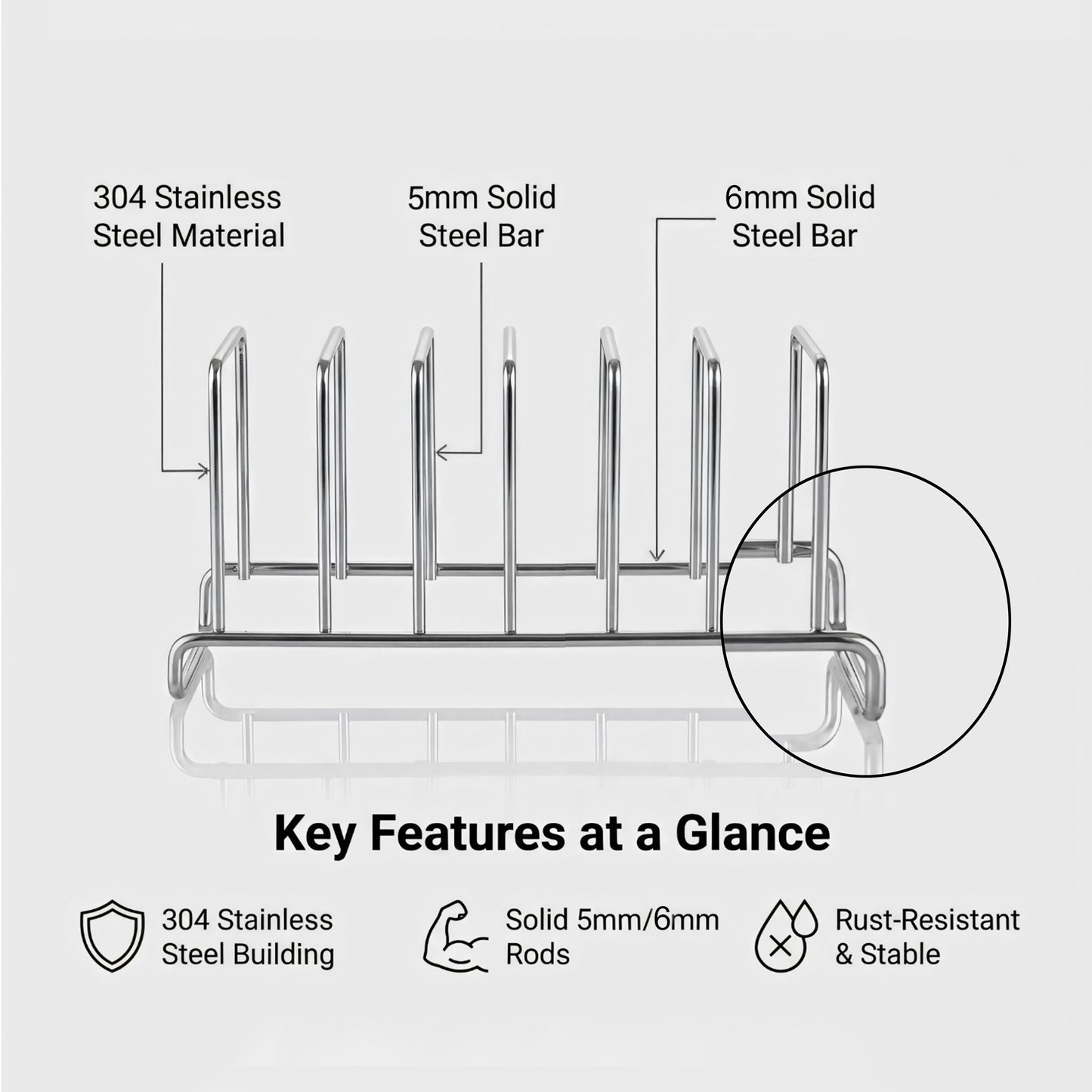 IMEEA SUS304 Stainless Steel Plate Rack, 6-Slot Vertical Dish Organizer for Cabinet or Countertop, Holds Plates, Cutting Boards, Trays and Pot Lids, 12 x 3.9 in