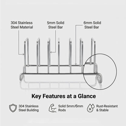 IMEEA SUS304 Stainless Steel Plate Rack, 6-Slot Vertical Dish Organizer for Cabinet or Countertop, Holds Plates, Cutting Boards, Trays and Pot Lids, 12 x 3.9 in