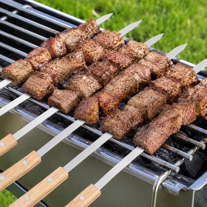 Flat stainless steel kebab skewer with 1 cm wide blade to help prevent food from spinning while grilling
