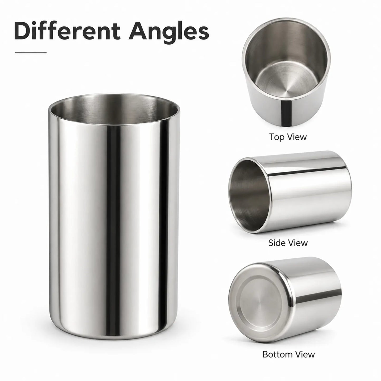 Mirror polished 304 stainless steel kitchen utensil holder with brushed interior and smooth rounded edges