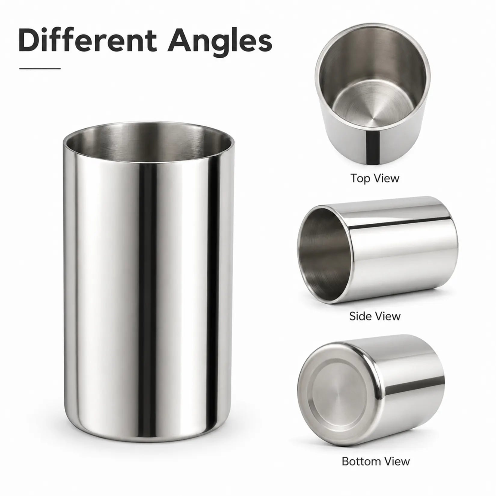 Mirror polished 304 stainless steel kitchen utensil holder with brushed interior and smooth rounded edges