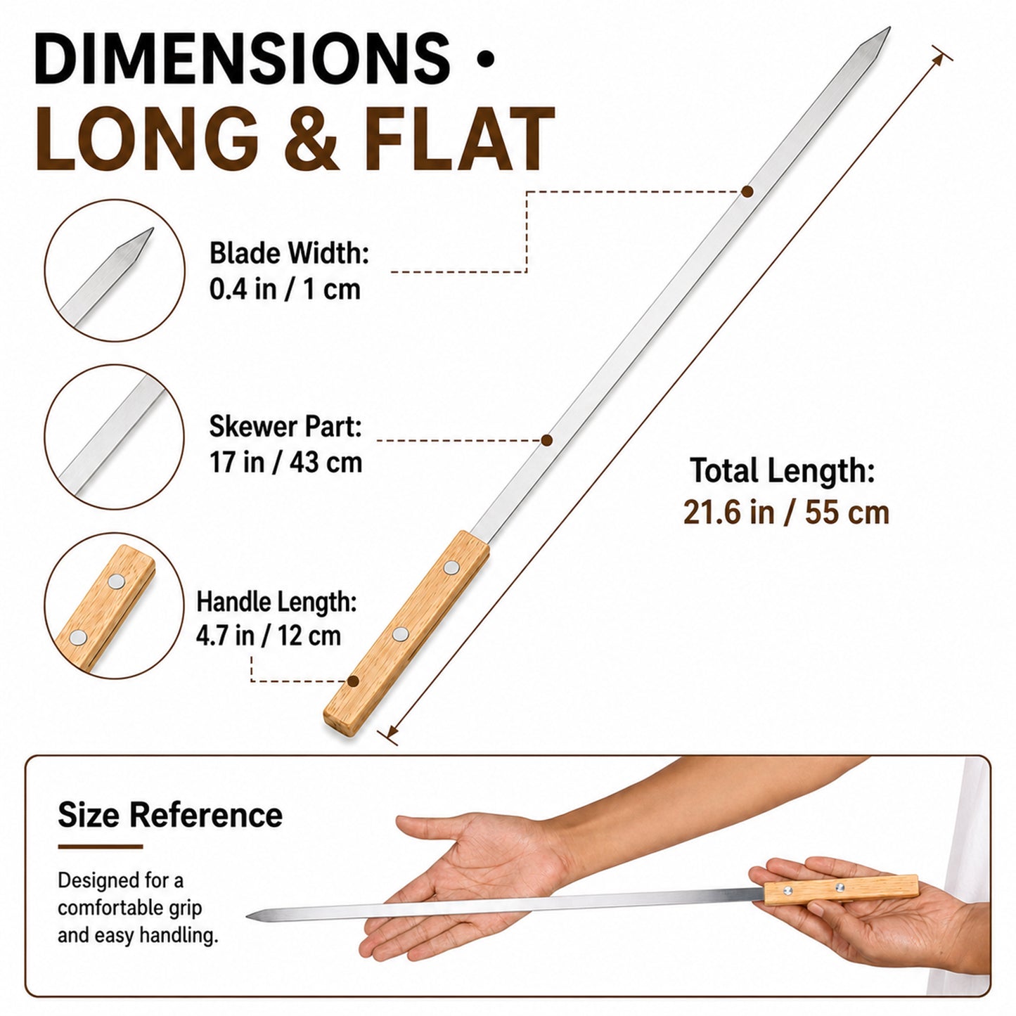 IMEEA flat kebab skewers size details showing 21.6 inch total length and 1 cm wide blade