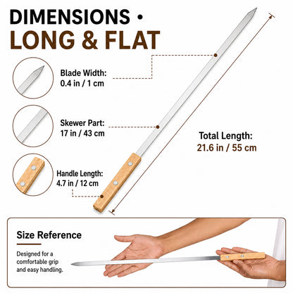IMEEA flat kebab skewers size details showing 21.6 inch total length and 1 cm wide blade