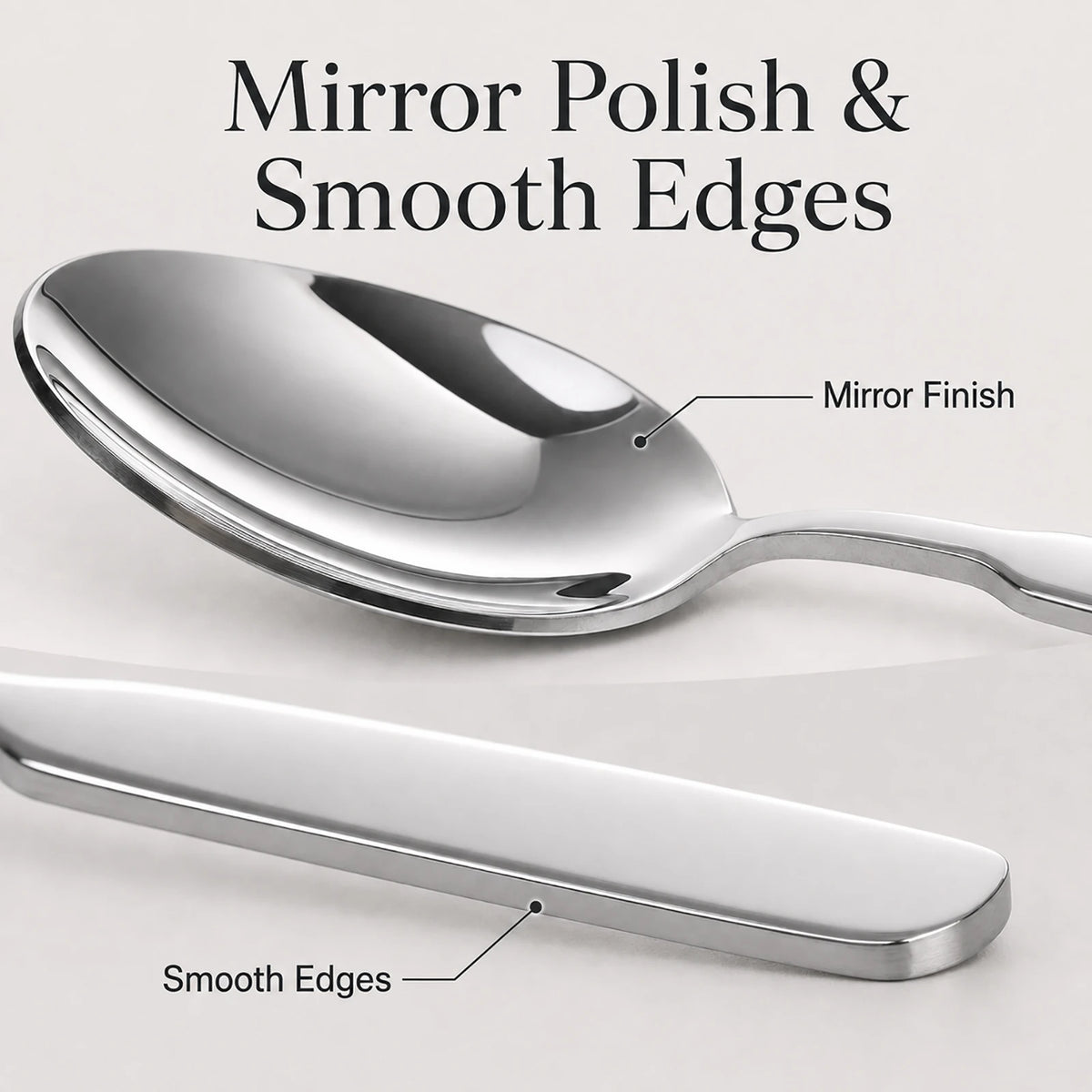 Mirror-polished dinner spoon with smooth rounded edges