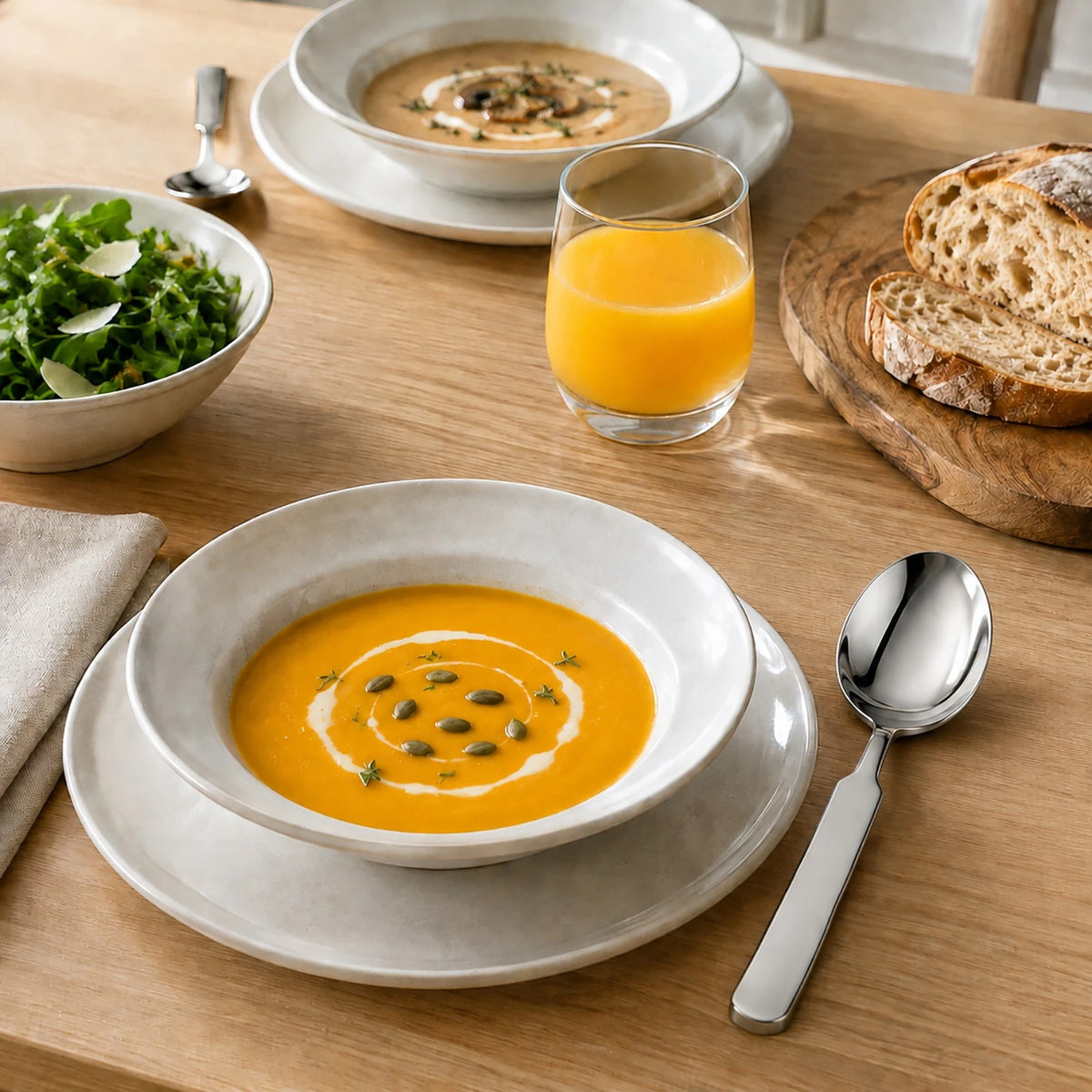 SUS316 stainless steel dinner spoon served with soup at the dining table