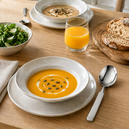 SUS316 stainless steel dinner spoon served with soup at the dining table