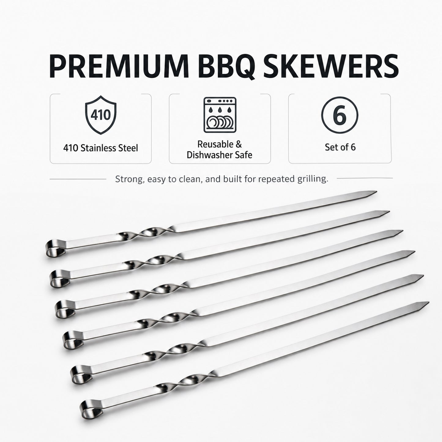 IMEEA Brochetas Planas de Acero Inoxidable de 21.7 Pulgadas con Mango de Anillo Antideslizante – Juego de 6