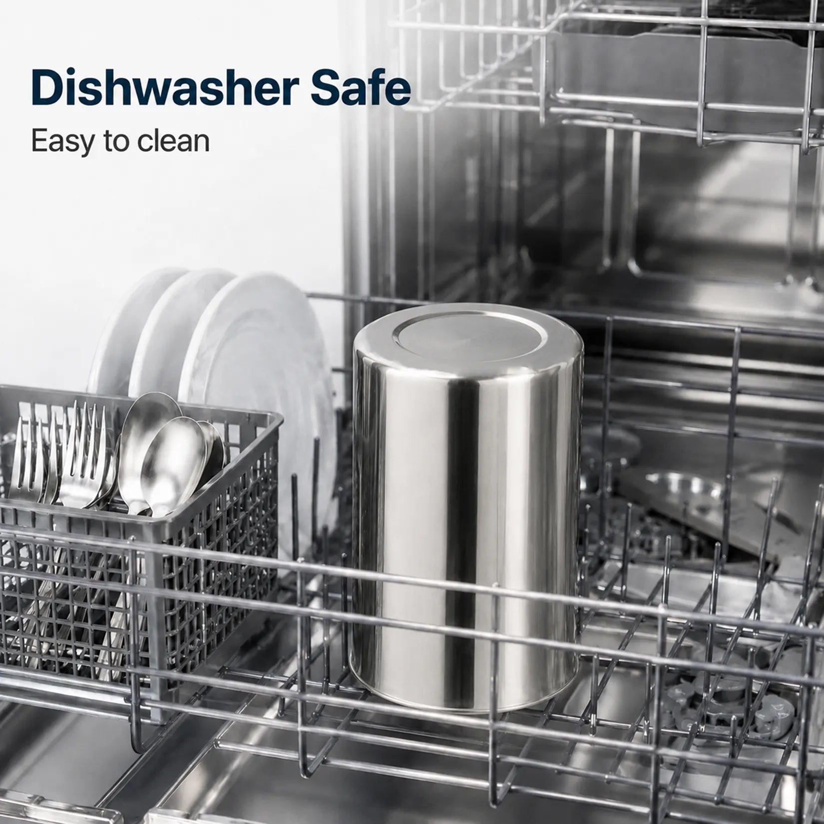 Dishwasher safe stainless steel utensil crock with smooth easy clean surface for everyday kitchen use