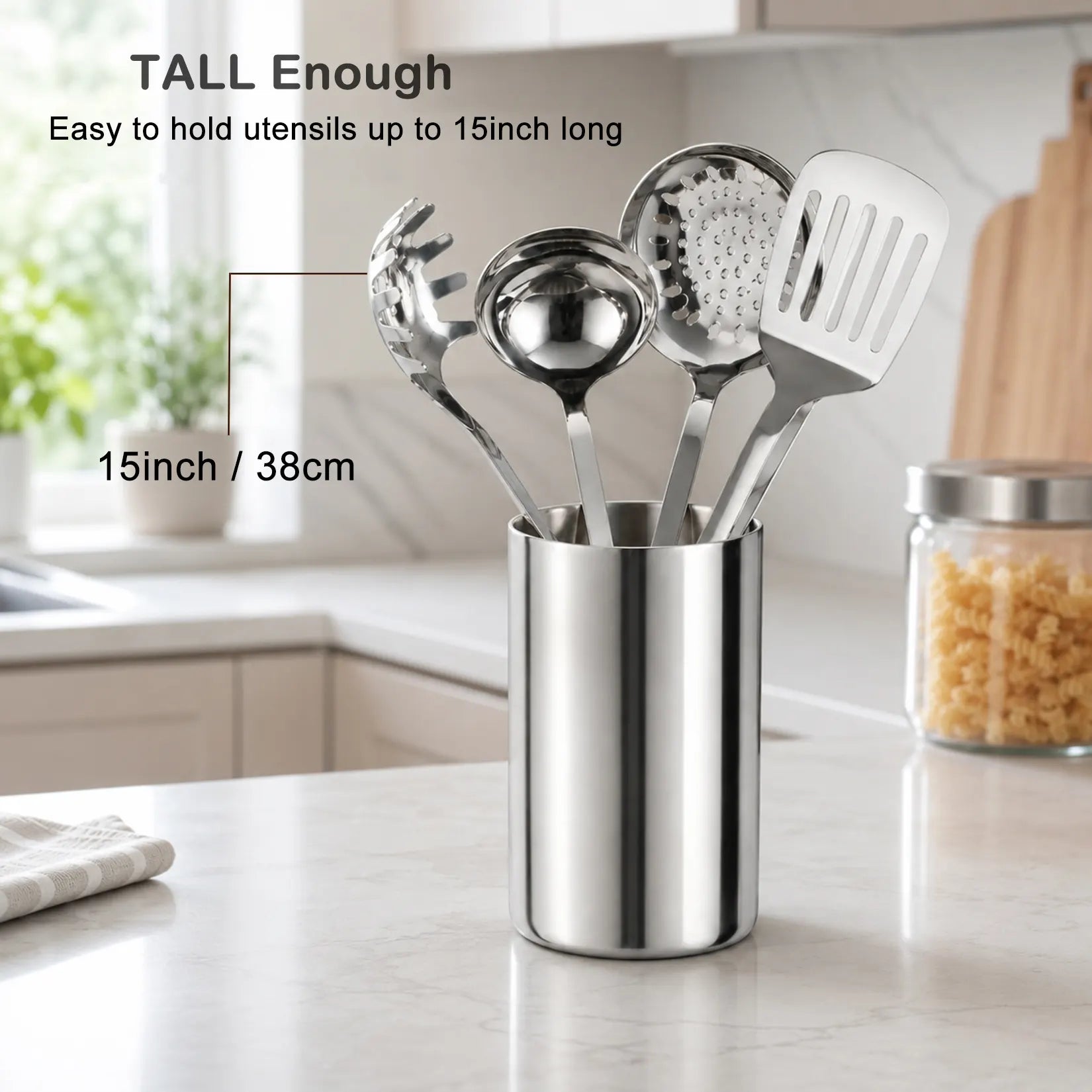 Large stainless steel utensil holder measuring 4.7 inches wide and 7.5 inches high for spatulas ladles and tongs