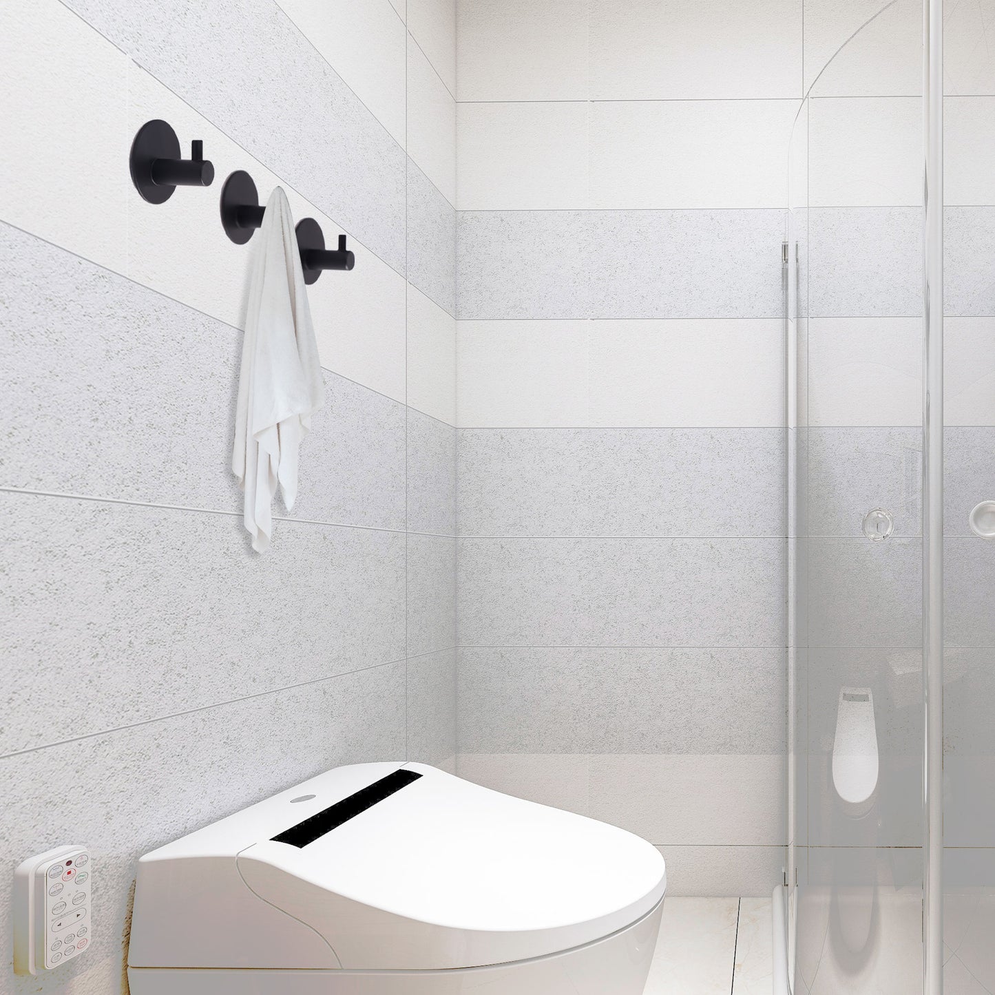 IMEEA Stainless Steel Adhesive Wall Hooks holding towels in bathroom storage