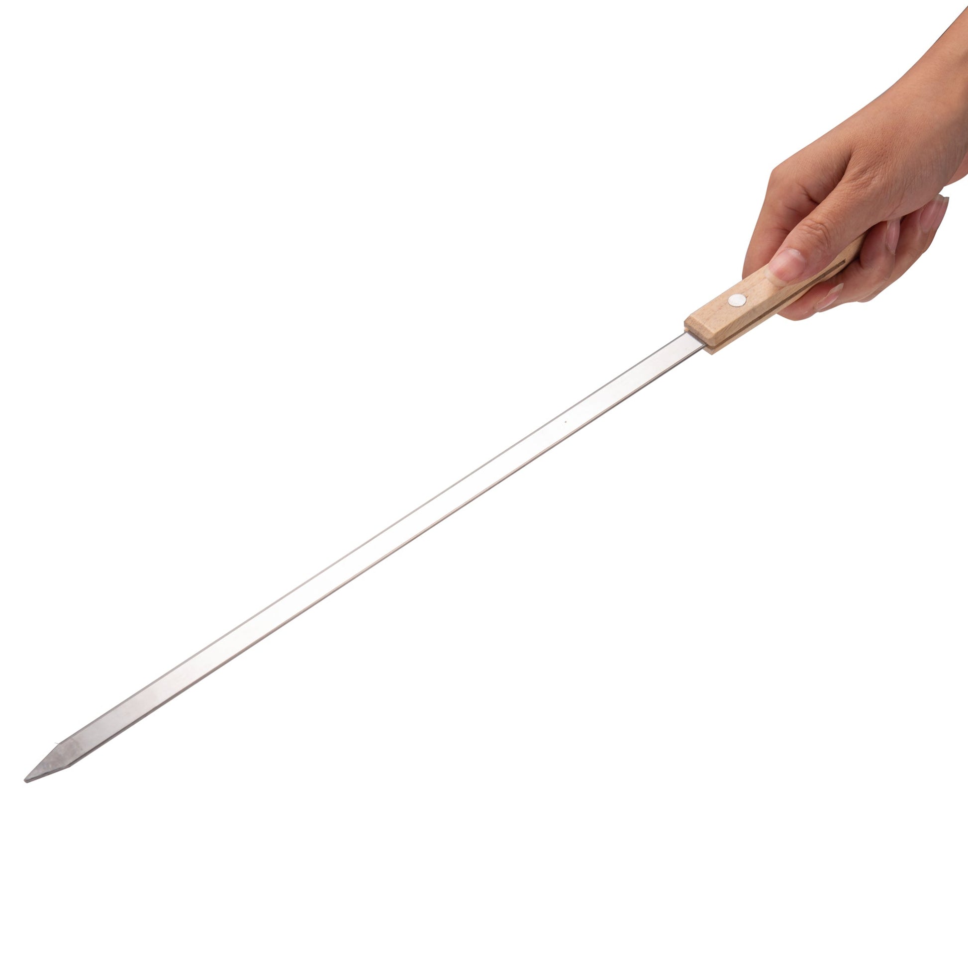 Flat BBQ Skewers Stainless Steel held in hand showcasing the long length and flat blade design
