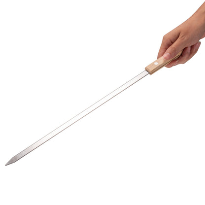 Flat BBQ Skewers Stainless Steel held in hand showcasing the long length and flat blade design