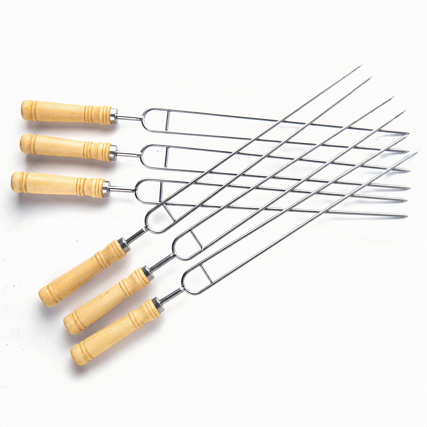 IMEEA Stainless Steel BBQ Skewers displayed as a set with durable wooden grips and double prong design