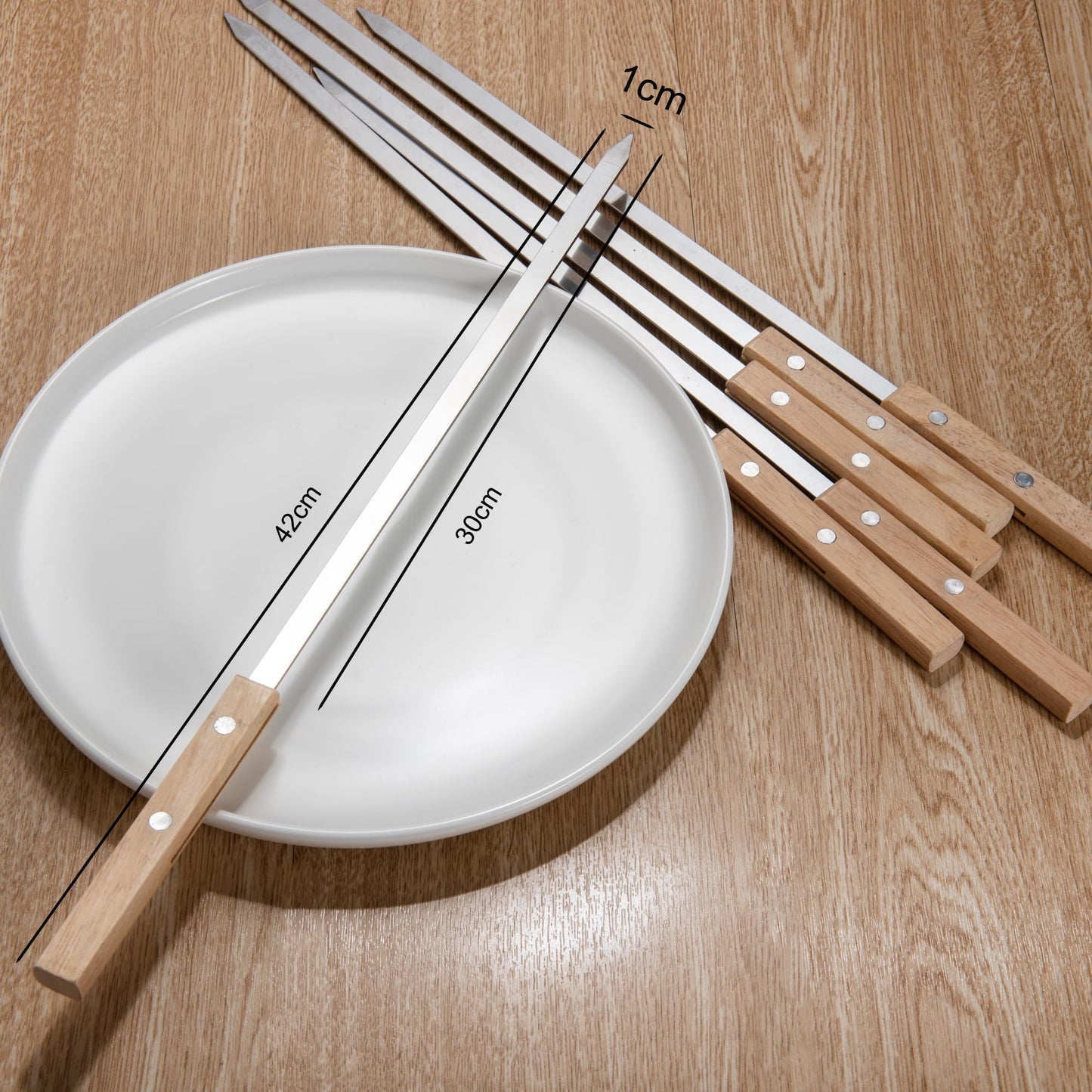 IMEEA Flat Kebab Skewers size details showing 16.5inch total length and 11.8inch skewer body length