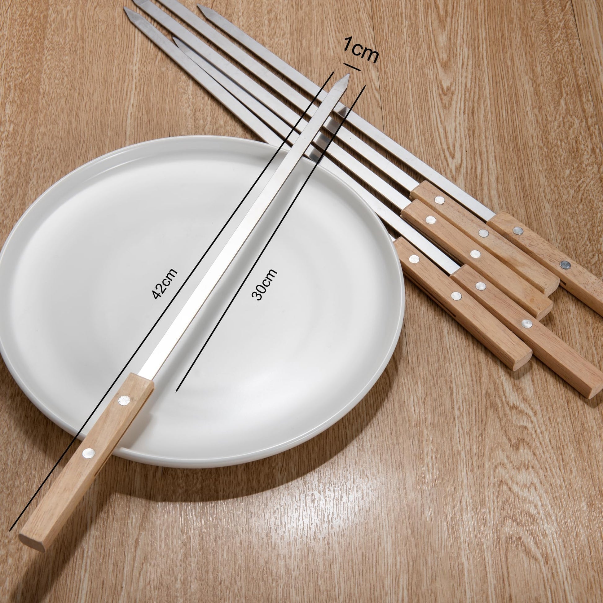 IMEEA Flat Kebab Skewers size details showing 16.5inch total length and 11.8inch skewer body length