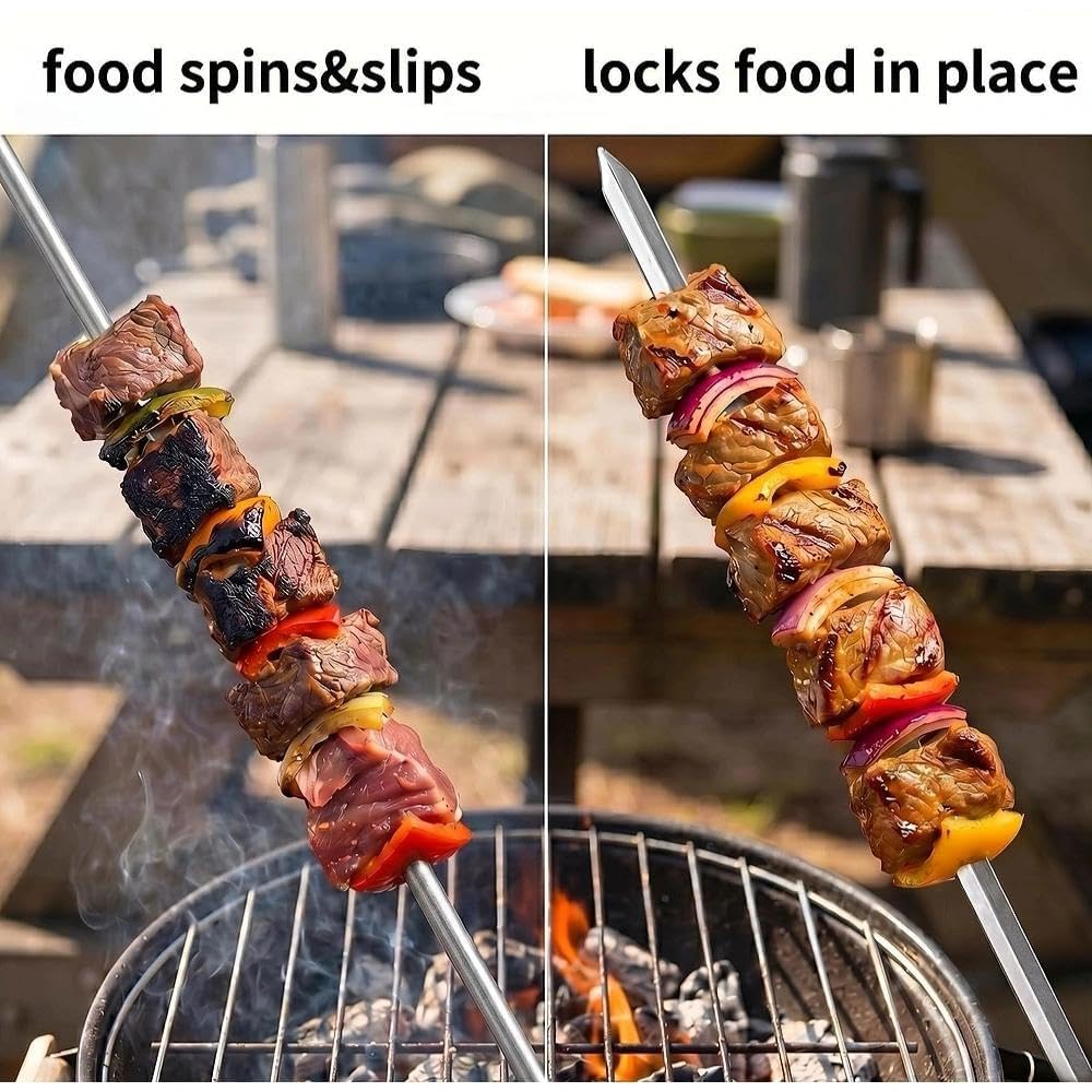 IMEEA Flat Metal Kabob Sticks comparison showing food spinning and slipping on regular skewers versus securely locked in place on V-shaped skewers