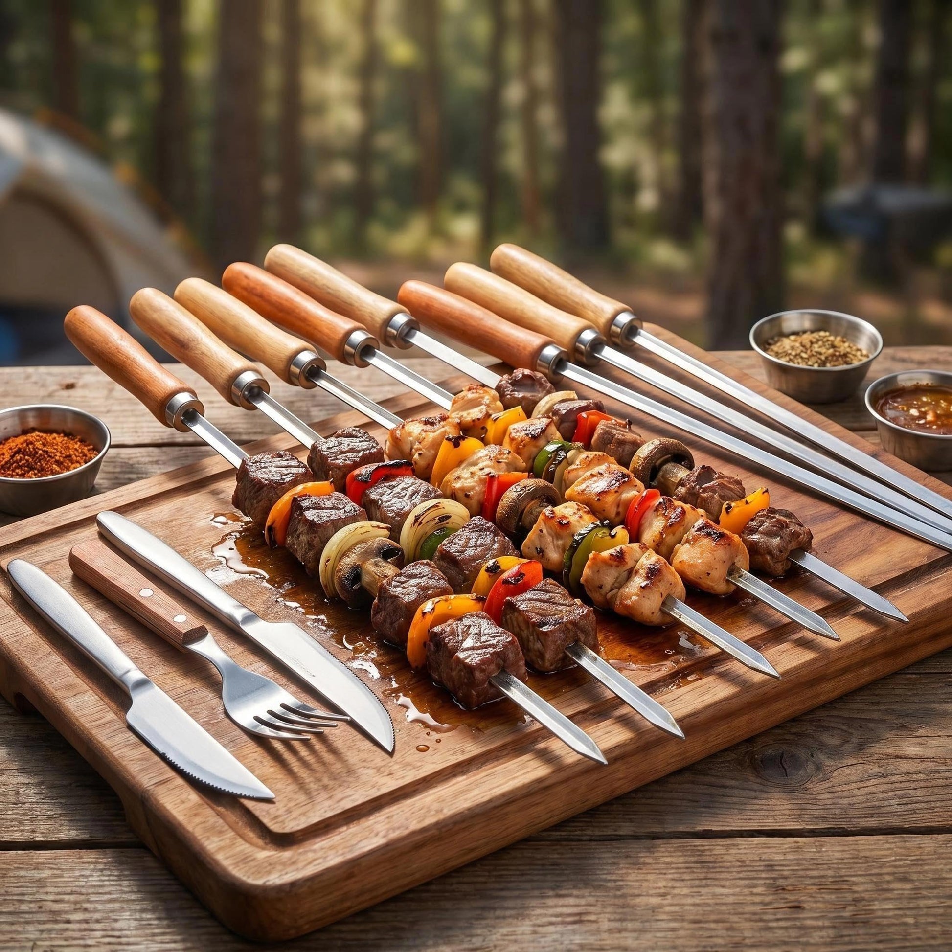 IMEEA Flat Metal Kabob Sticks holding grilled food on a serving board for outdoor barbecue cooking