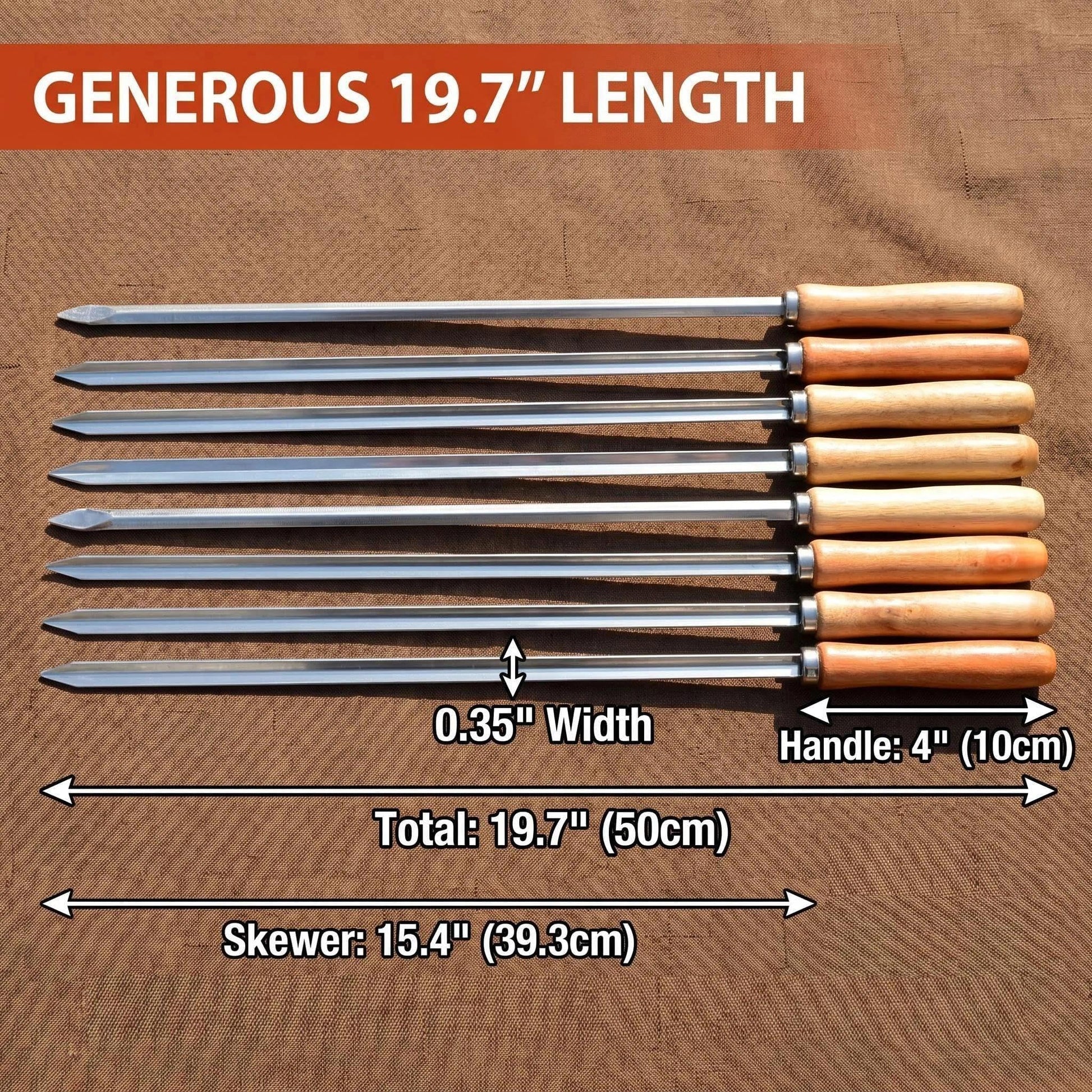 IMEEA BBQ Skewers measurement guide displaying overall 19.7inch length with a 4inch wooden grip