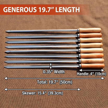 IMEEA BBQ Skewers measurement guide displaying overall 19.7inch length with a 4inch wooden grip