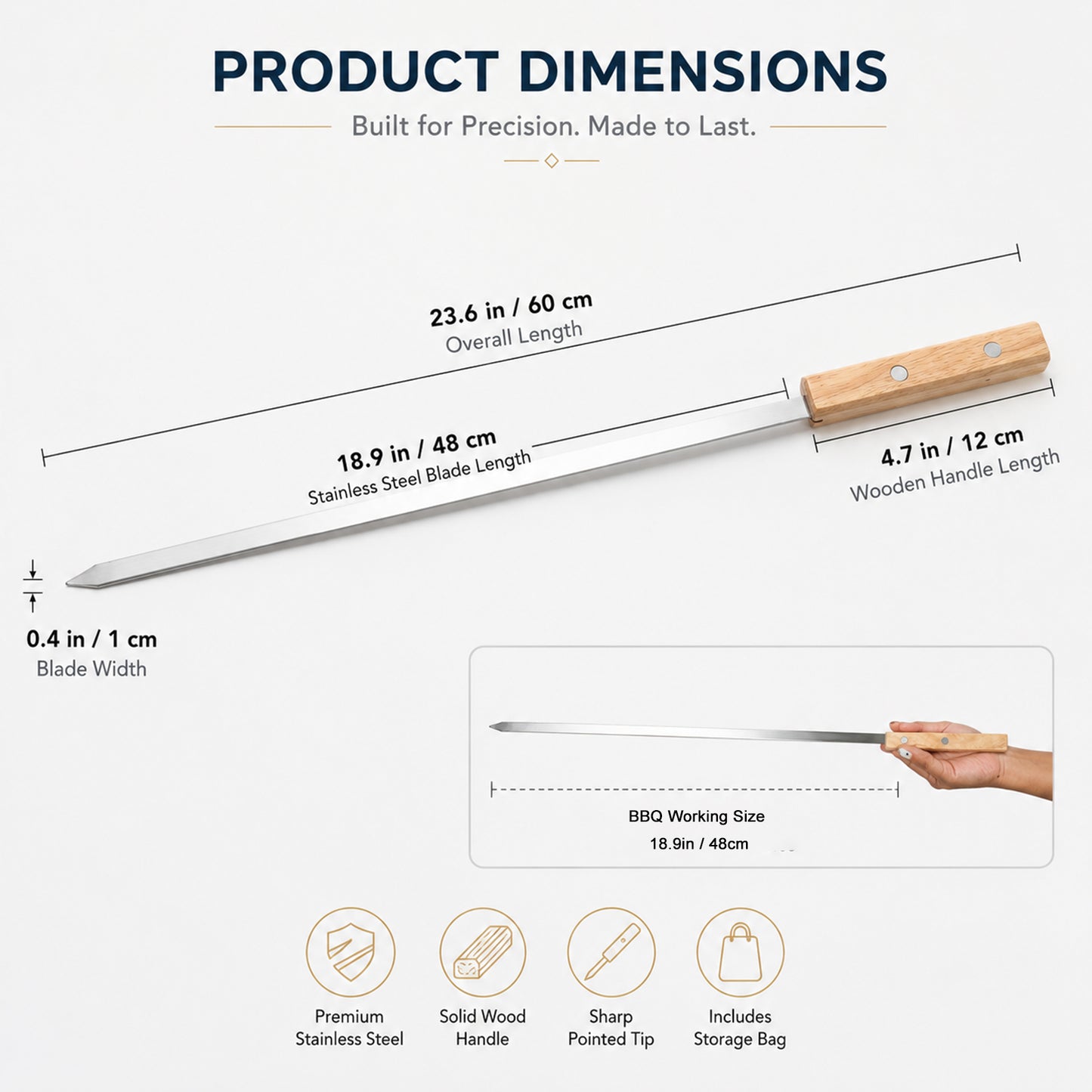 IMEEA Stainless steel kabob skewer size chart with 23.6inch length and 4.7inch handle