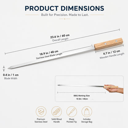 IMEEA Stainless steel kabob skewer size chart with 23.6inch length and 4.7inch handle