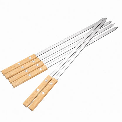 IMEEA Metal Kabob Sticks full view showcasing the complete flat skewer design and wooden handles