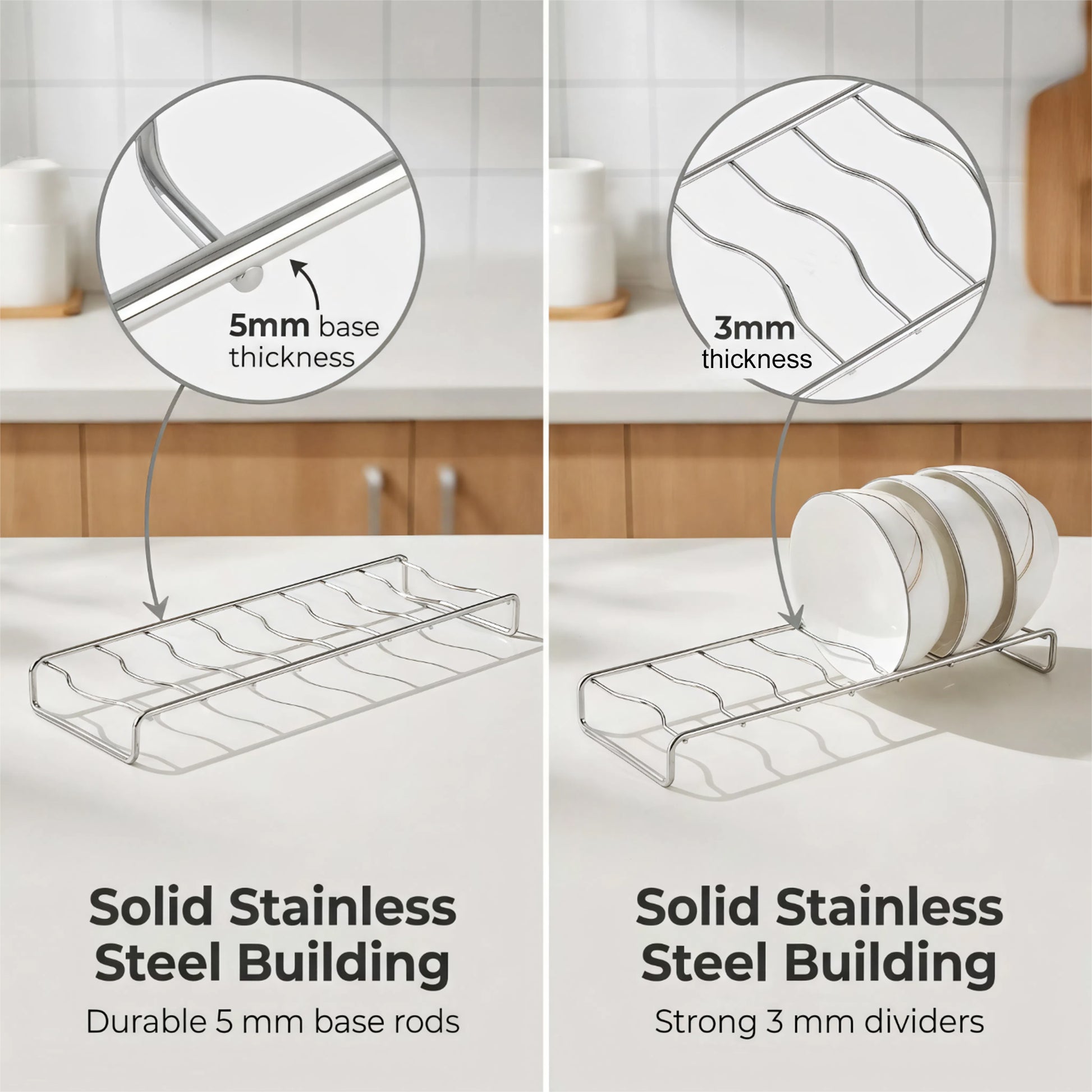 Solid stainless steel construction with a 5mm thick base and 3mm thickness for sturdy support