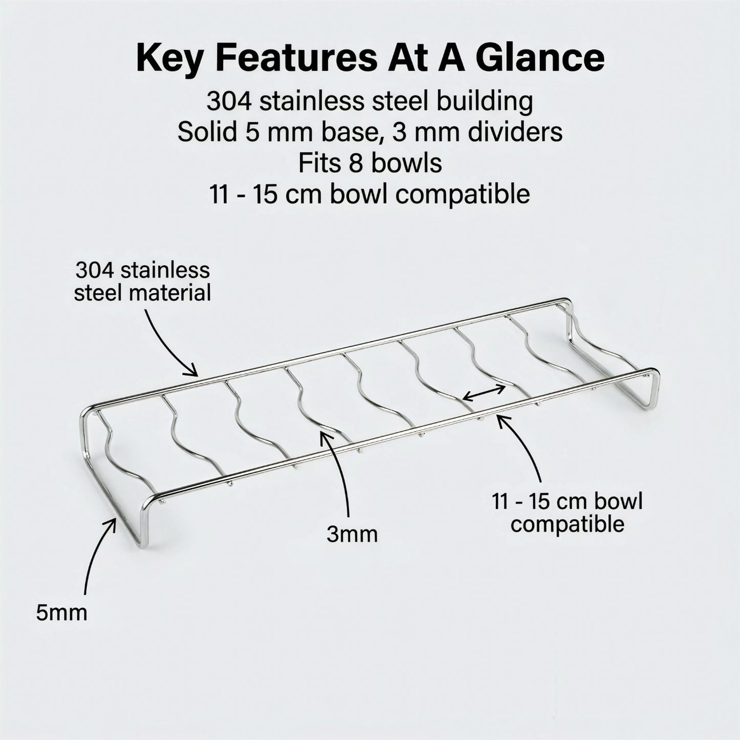Bowl rack featuring 3mm dividers and a 5mm thick base, with spacious slots for easy storage of 11–15cm bowls