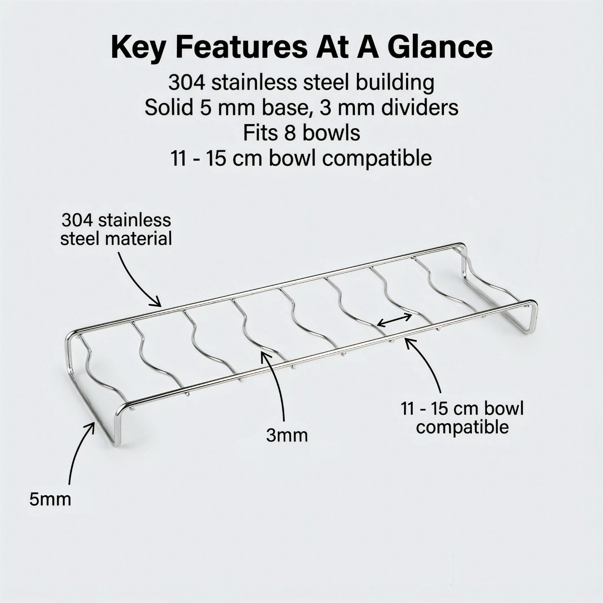 Bowl rack featuring 3mm dividers and a 5mm thick base, with spacious slots for easy storage of 11–15cm bowls