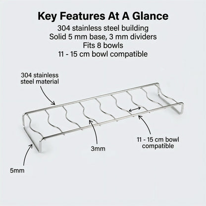 Bowl rack featuring 3mm dividers and a 5mm thick base, with spacious slots for easy storage of 11–15cm bowls