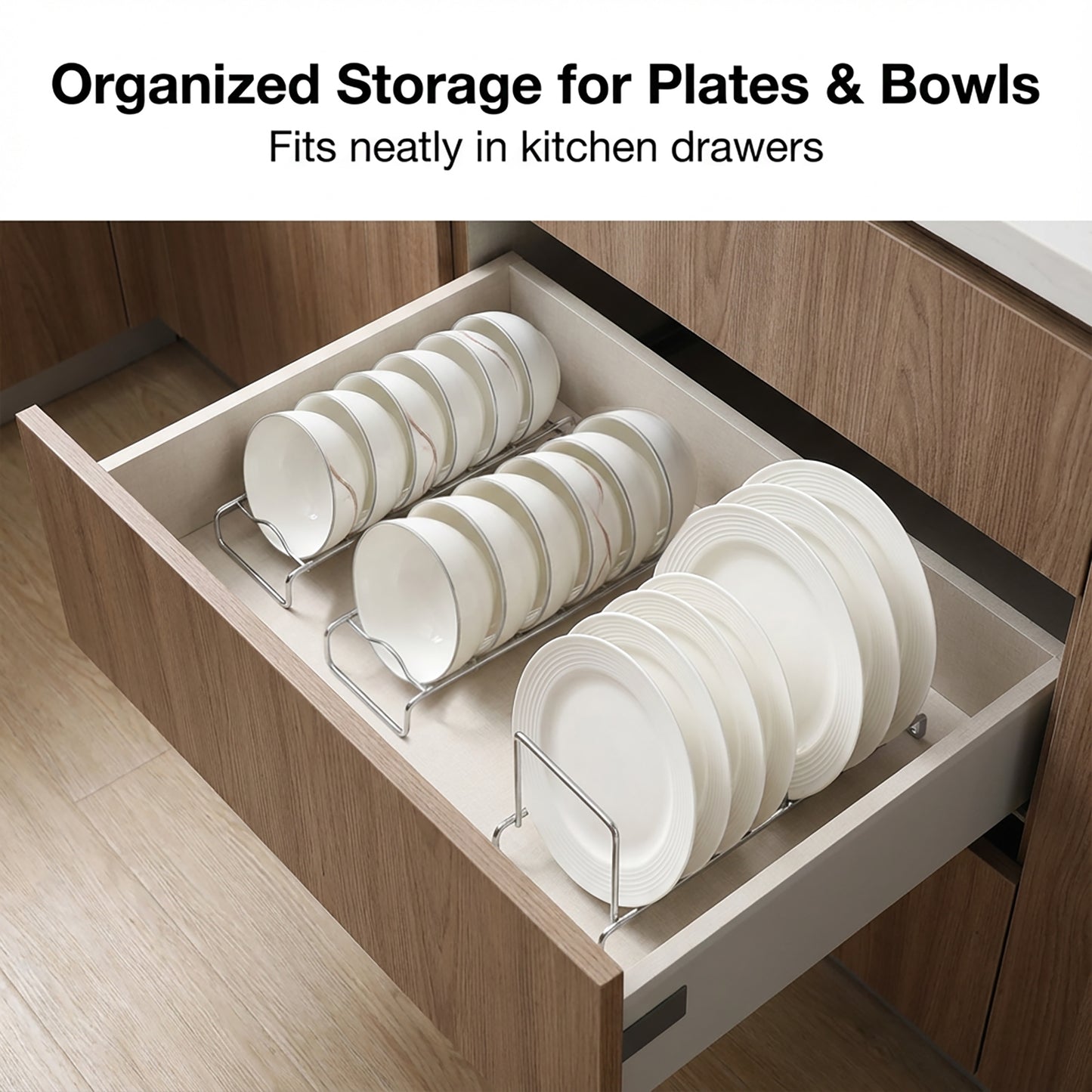 Versatile use for neatly organizing plates in kitchen drawers, keeping tableware stored and easily accessible