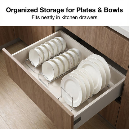 Versatile use for neatly organizing plates in kitchen drawers, keeping tableware stored and easily accessible